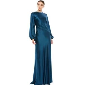 NWT Mac Duggal Beaded High Neck Bishop Sleeve Satin Gown, Sapphire Blue, 2, 398$
